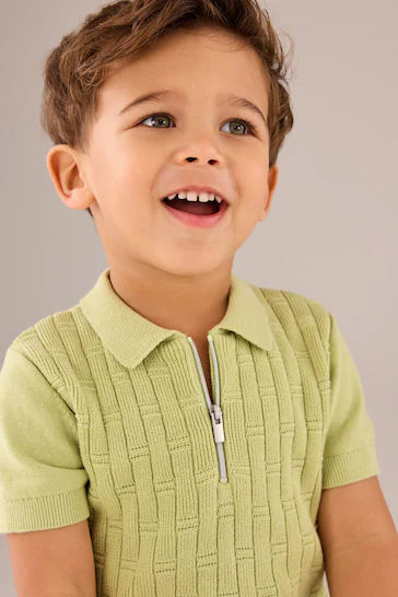 |Boy| Suéter Polo Manga Curta Com Gola Zip - Verde Limão (3 Meses - 7 Anos)