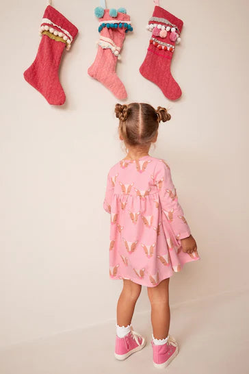 |Girl| Natal Vestido De Natal De Manga Comprida Em Jersey - Pink Reindeer (3 meses a 7 anos)