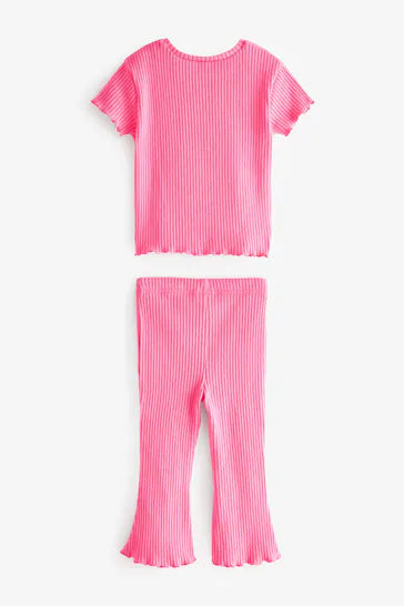 |BigGirl| Conjunto De Camiseta Canelada E Calça Flare - Pink (3 meses a 7 anos)