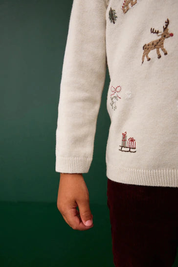 |Boy| Camisa Pólo De Malha De Manga Comprida De Natal 100% Algodão - Ecru Santa Snowman (3 meses a 7 anos)