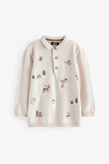 |Boy| Camisa Pólo De Malha De Manga Comprida De Natal 100% Algodão - Ecru Santa Snowman (3 meses a 7 anos)