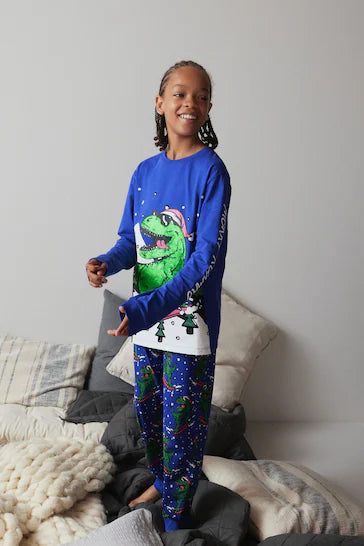 |Girl| Pijama De Natal - Navy Blue Dinosaur (3-16 anos)