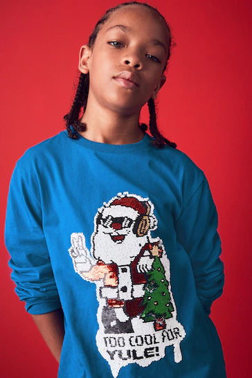 |Boy| Camiseta De Natal Com Lantejoulas Flippy De Manga Comprida - Cobalt Blue Santa (3 a 16 anos)