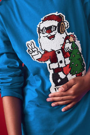 |Boy| Camiseta De Natal Com Lantejoulas Flippy De Manga Comprida - Cobalt Blue Santa (3 a 16 anos)