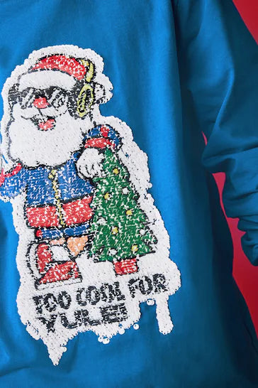 |Boy| Camiseta De Natal Com Lantejoulas Flippy De Manga Comprida - Cobalt Blue Santa (3 a 16 anos)