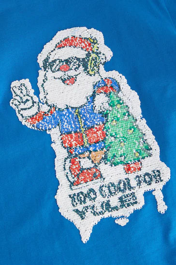 |Boy| Camiseta De Natal Com Lantejoulas Flippy De Manga Comprida - Cobalt Blue Santa (3 a 16 anos)