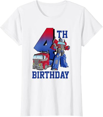 T-shirt com poster comemorativo do 4º aniversário do Optimus Prime de Transformers com efeito degradé