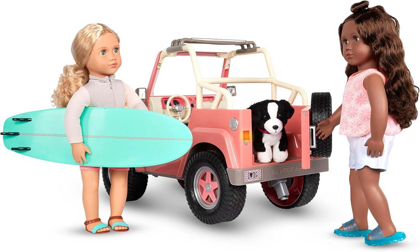 Our Generation OG Off Roader – Conjunto de veículos 4x4 para bonecas de 18 polegadas, veículo com tema de praia com prancha de surf, carro rosa salmão, luzes de trabalho, limpa-para-brisas, altifalantes, jogo realista