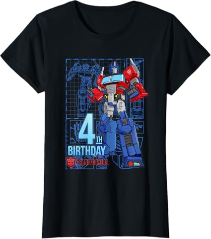 T-Shirt Transformers Optimus Prime para o 4º Aniversário - Menina, Aniversariantes - Preto - Tamanho S - Manga Curta - Modelagem Clássica - Mistura de Algodão e Poliéster - Lavável à Máquina