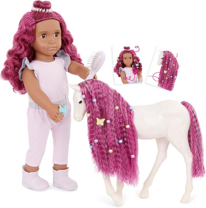 Boneca e Cavalo Elara e Lumina da Nossa Geração - Dupla de Boneca e Penteado de Potro de 18 polegadas, Cabelo Rosa, Brinquedo de Pentear Potro, Acessórios de Cabelo, Macacão Lilás, Para Crianças a partir dos 3 Anos