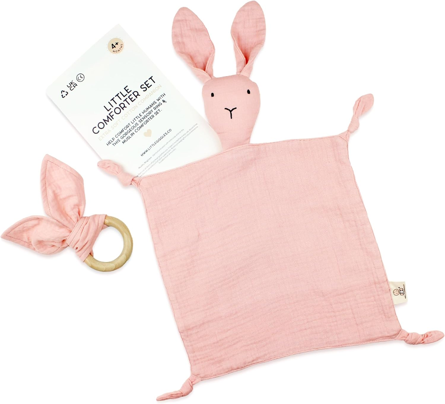 Little Giggles Co.® Bunny Baby Comforter - Edredão de musselina de algodão macio, manta de segurança e brinquedo sensorial em bege natural - presentes neutros para bebés recém-nascidos