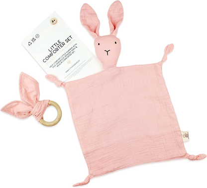 Little Giggles Co.® Bunny Baby Comforter - Edredão de musselina de algodão macio, manta de segurança e brinquedo sensorial em bege natural - presentes neutros para bebés recém-nascidos