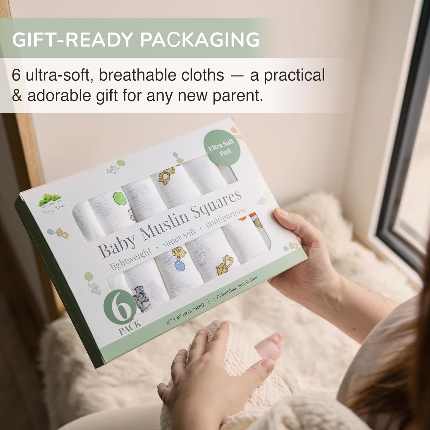 Paninhos de musselina para bebé Tiny Trees, pacote de 6 unidades, 70 cm x 70 cm – Paninhos de musselina de algodão extra macio para bebé – Quadrados de musselina absorventes, respiráveis e delicados para recém-nascidos, manta para enrolar