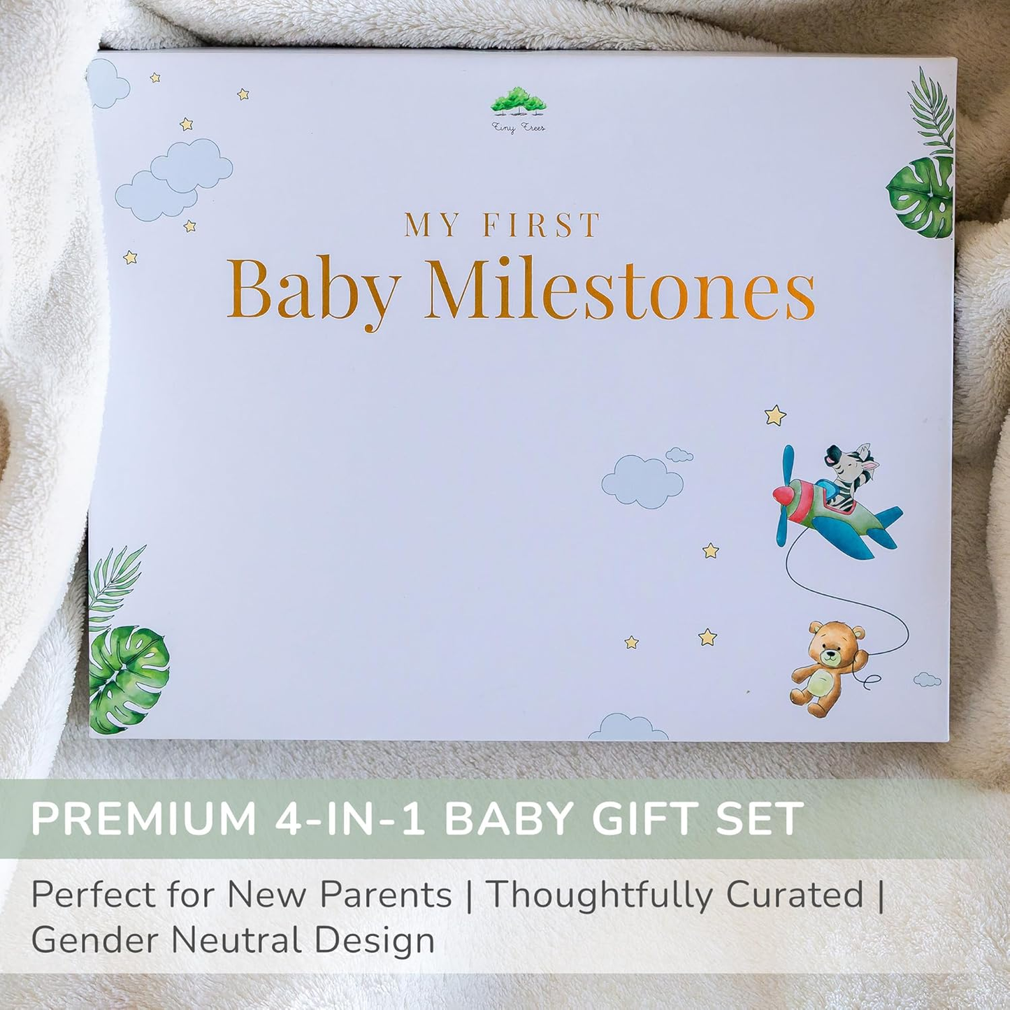 Conjunto de presentes para marcos de bebé Tiny Trees - Caixa de presentes e lembranças premium - Cartões de marcos, divisórias de armário, placa de boas-vindas e placa de sono - Presentes perfeitos para pais recém-nascidos