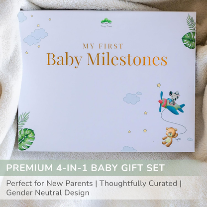 Conjunto de presentes para marcos de bebé Tiny Trees - Caixa de presentes e lembranças premium - Cartões de marcos, divisórias de armário, placa de boas-vindas e placa de sono - Presentes perfeitos para pais recém-nascidos