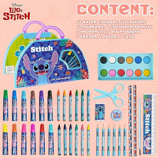 Disney Stitch Kids Art Set 40 Plus Peças Disney Princesas Crianças Colorir Conjuntos Tintas Lápis de Cor Marcadores Giz de Cera Artigos de Arte de Viagem Presentes para Crianças (Conjunto de Ponto Azul)