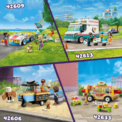 LEGO Brinquedo de carrinho de comida de padaria móvel Friends para meninas, meninos e crianças de 6 anos ou mais, conjunto de brinquedos para veículos, inclui personagens de miniboneca Aliya e Jules e figura de cachorro de estimação Aira 42606