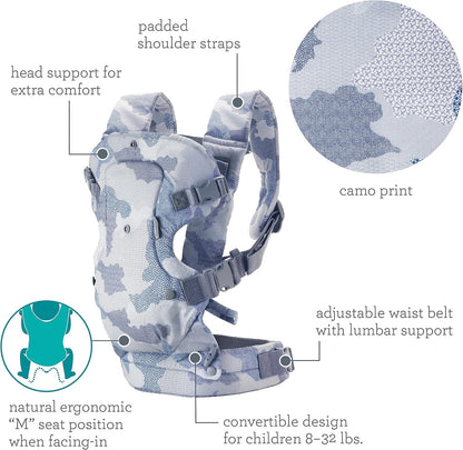 Infantino Canguru Flip Advanced 4 em 1 - Ergonômico, Conversível, Pode Ser Usado Virado para Dentro ou para Fora, para Bebês Recém-Nascidos e Crianças de 3,6 a 14,5 kg, Camuflagem Azul