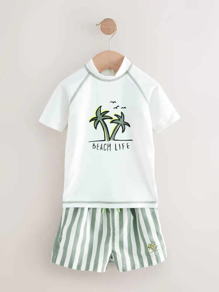|Boy| Conjunto De Rash Vest e Shorts Branco/Verde (3 meses a 7 anos)