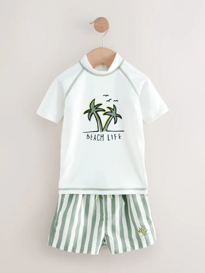 |Boy| Conjunto De Rash Vest e Shorts Branco/Verde (3 meses a 7 anos)