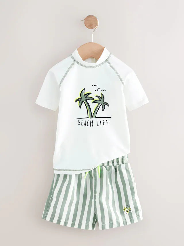 |Boy| Conjunto De Rash Vest e Shorts Branco/Verde (3 meses a 7 anos)