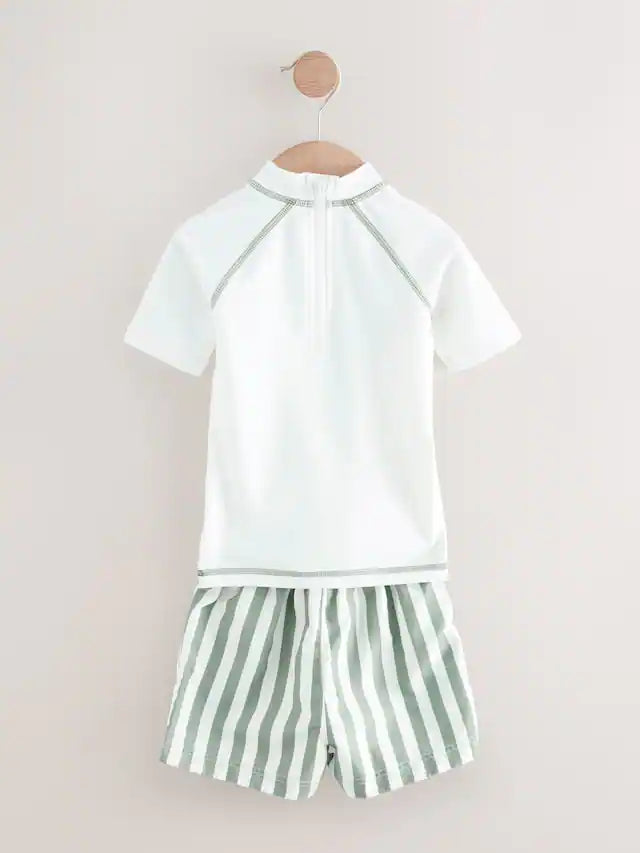 |Boy| Conjunto De Rash Vest e Shorts Branco/Verde (3 meses a 7 anos)
