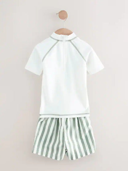 |Boy| Conjunto De Rash Vest e Shorts Branco/Verde (3 meses a 7 anos)
