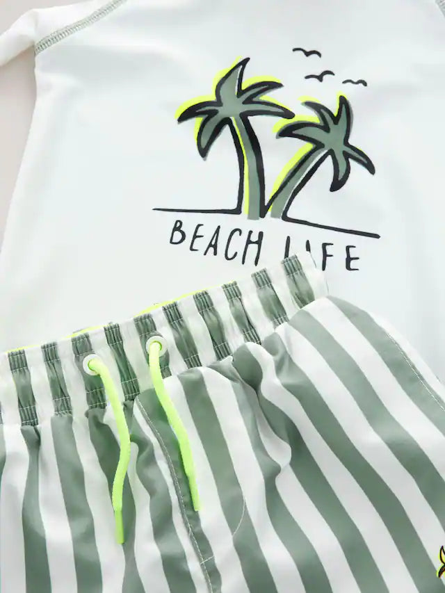 |Boy| Conjunto De Rash Vest e Shorts Branco/Verde (3 meses a 7 anos)