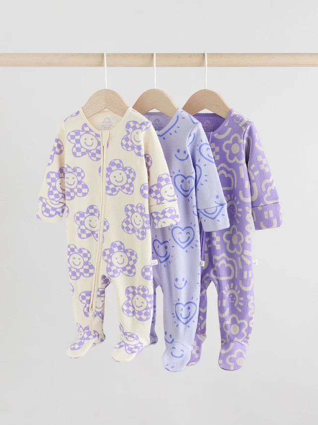 |BabyGirl| Macacão De Dormir Lilás Roxo Para Bebê Com Zíper Bidirecional e Estampa Floral 100% Algodão, Pacote Com 3 (0 meses a 2 anos)