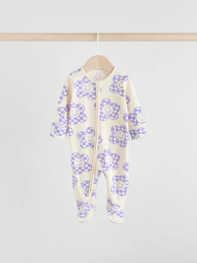 |BabyGirl| Macacão De Dormir Lilás Roxo Para Bebê Com Zíper Bidirecional e Estampa Floral 100% Algodão, Pacote Com 3 (0 meses a 2 anos)