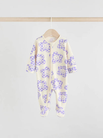 |BabyGirl| Macacão De Dormir Lilás Roxo Para Bebê Com Zíper Bidirecional e Estampa Floral 100% Algodão, Pacote Com 3 (0 meses a 2 anos)