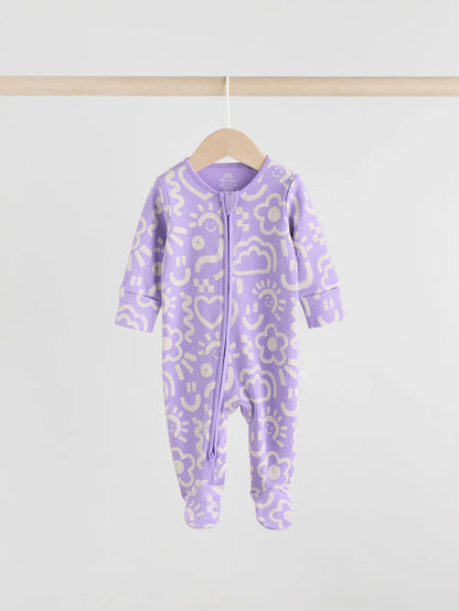 |BabyGirl| Macacão De Dormir Lilás Roxo Para Bebê Com Zíper Bidirecional e Estampa Floral 100% Algodão, Pacote Com 3 (0 meses a 2 anos)