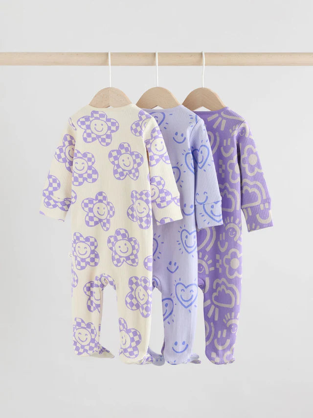 |BabyGirl| Macacão De Dormir Lilás Roxo Para Bebê Com Zíper Bidirecional e Estampa Floral 100% Algodão, Pacote Com 3 (0 meses a 2 anos)