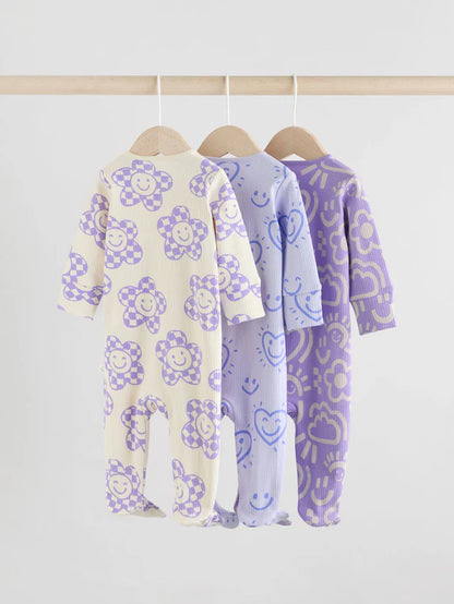 |BabyGirl| Macacão De Dormir Lilás Roxo Para Bebê Com Zíper Bidirecional e Estampa Floral 100% Algodão, Pacote Com 3 (0 meses a 2 anos)