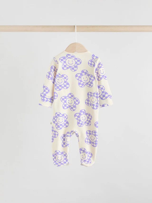 |BabyGirl| Macacão De Dormir Lilás Roxo Para Bebê Com Zíper Bidirecional e Estampa Floral 100% Algodão, Pacote Com 3 (0 meses a 2 anos)