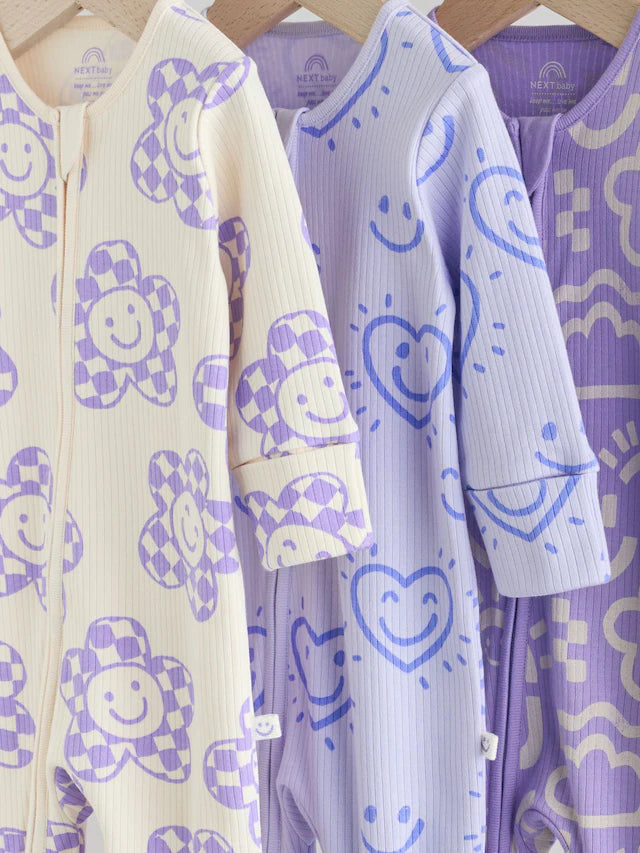 |BabyGirl| Macacão De Dormir Lilás Roxo Para Bebê Com Zíper Bidirecional e Estampa Floral 100% Algodão, Pacote Com 3 (0 meses a 2 anos)