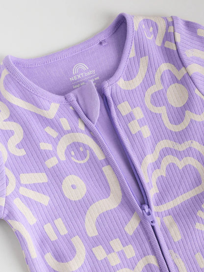 |BabyGirl| Macacão De Dormir Lilás Roxo Para Bebê Com Zíper Bidirecional e Estampa Floral 100% Algodão, Pacote Com 3 (0 meses a 2 anos)