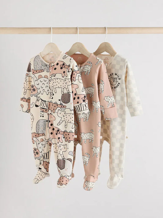 |BabyBoy| Macacão De Dormir Marrom/Creme Com Zíper Bidirecional Para Bebês, Pacote com 3 (0-2 anos)