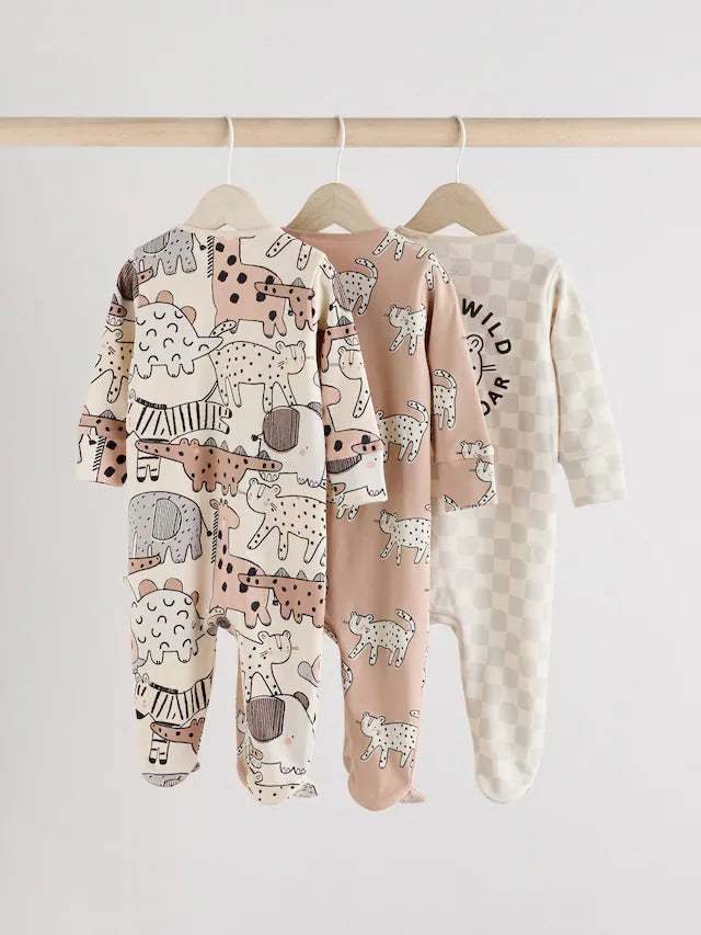|BabyBoy| Macacão De Dormir Marrom/Creme Com Zíper Bidirecional Para Bebês, Pacote com 3 (0-2 anos)