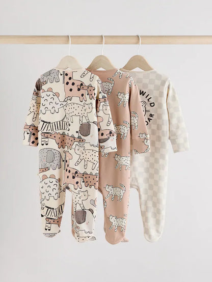 |BabyBoy| Macacão De Dormir Marrom/Creme Com Zíper Bidirecional Para Bebês, Pacote com 3 (0-2 anos)