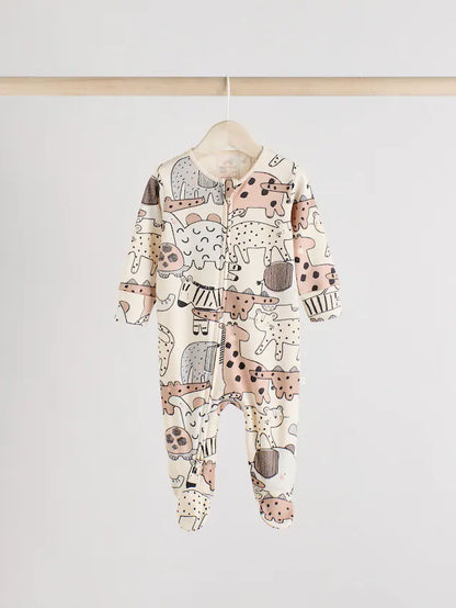 |BabyBoy| Macacão De Dormir Marrom/Creme Com Zíper Bidirecional Para Bebês, Pacote com 3 (0-2 anos)