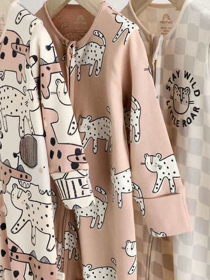 |BabyBoy| Macacão De Dormir Marrom/Creme Com Zíper Bidirecional Para Bebês, Pacote com 3 (0-2 anos)