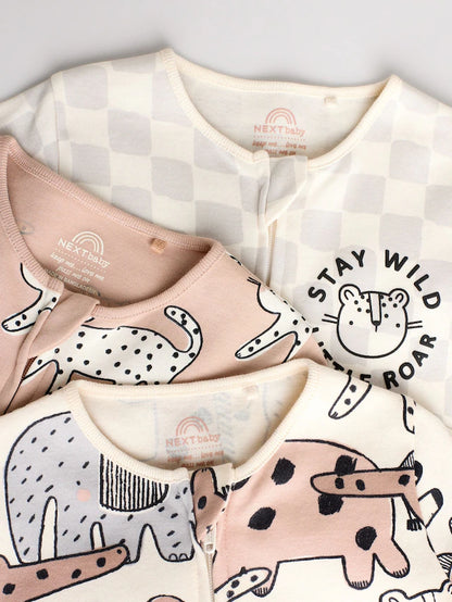 |BabyBoy| Macacão De Dormir Marrom/Creme Com Zíper Bidirecional Para Bebês, Pacote com 3 (0-2 anos)