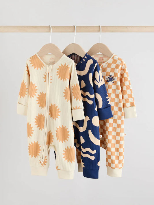 |BabyGirl| Macacão De Dormir 100% Algodão Azul-Marinho/Camelo Para Bebês, Com Zíper bidirecional e sem pés, pacote com 3 (0 meses a 3 anos)