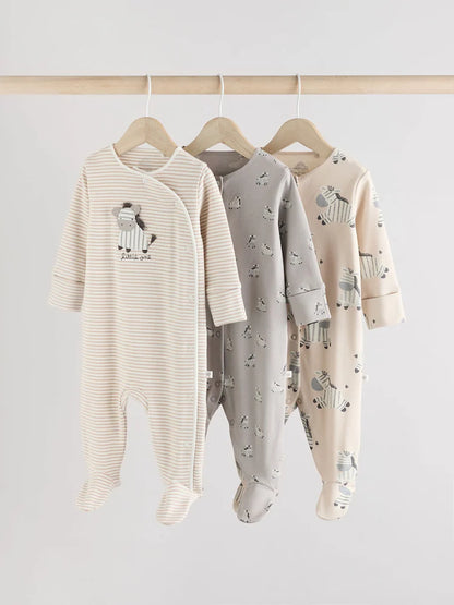 |BabyBoy| Pacote Com 3 Macacões De Dormir Para Bebês, 100% Algodão, Cinza, Zebra (0-2 anos)