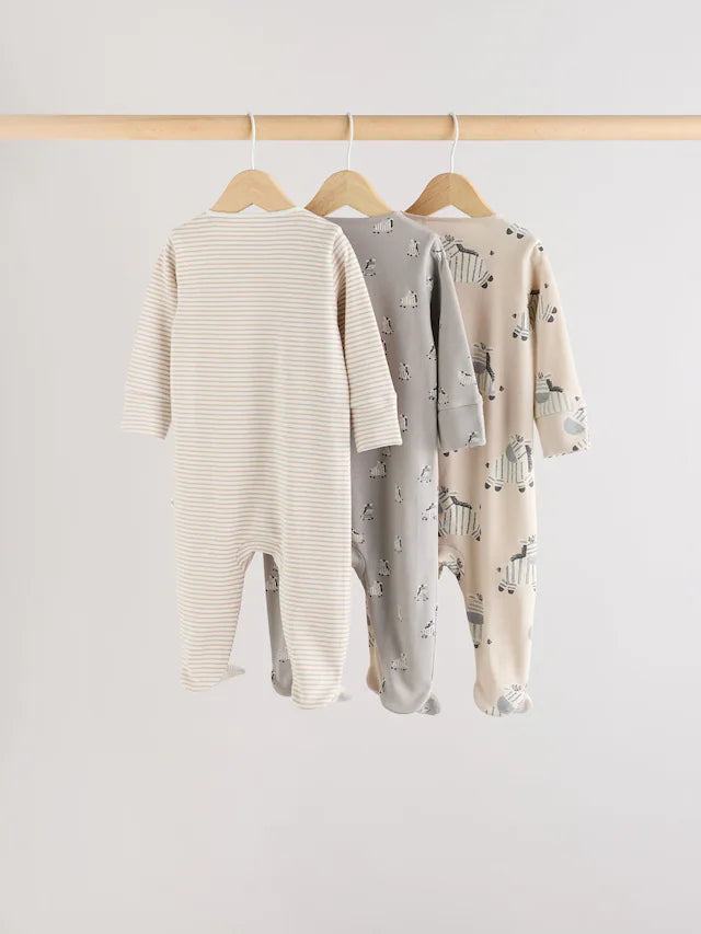 |BabyBoy| Pacote Com 3 Macacões De Dormir Para Bebês, 100% Algodão, Cinza, Zebra (0-2 anos)