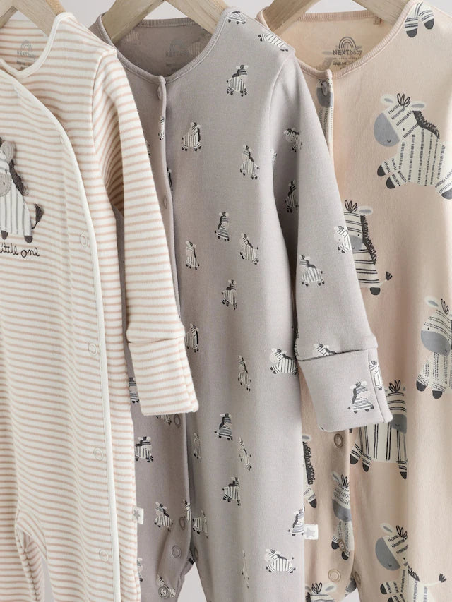 |BabyBoy| Pacote Com 3 Macacões De Dormir Para Bebês, 100% Algodão, Cinza, Zebra (0-2 anos)