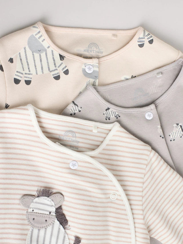 |BabyBoy| Pacote Com 3 Macacões De Dormir Para Bebês, 100% Algodão, Cinza, Zebra (0-2 anos)
