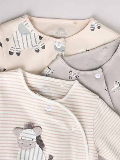 |BabyBoy| Pacote Com 3 Macacões De Dormir Para Bebês, 100% Algodão, Cinza, Zebra (0-2 anos)