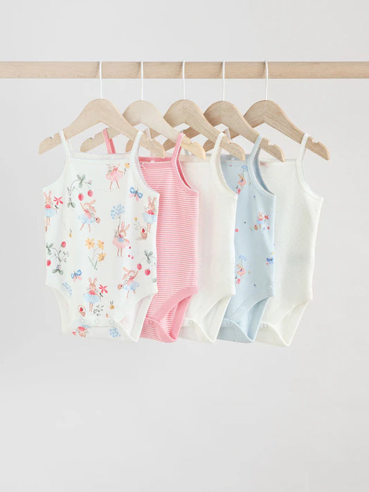 |BabyGirl| Body Com Alças Para Bebê, Coelhinho De Morango, Creme, 100% Algodão, Pacote Com 5